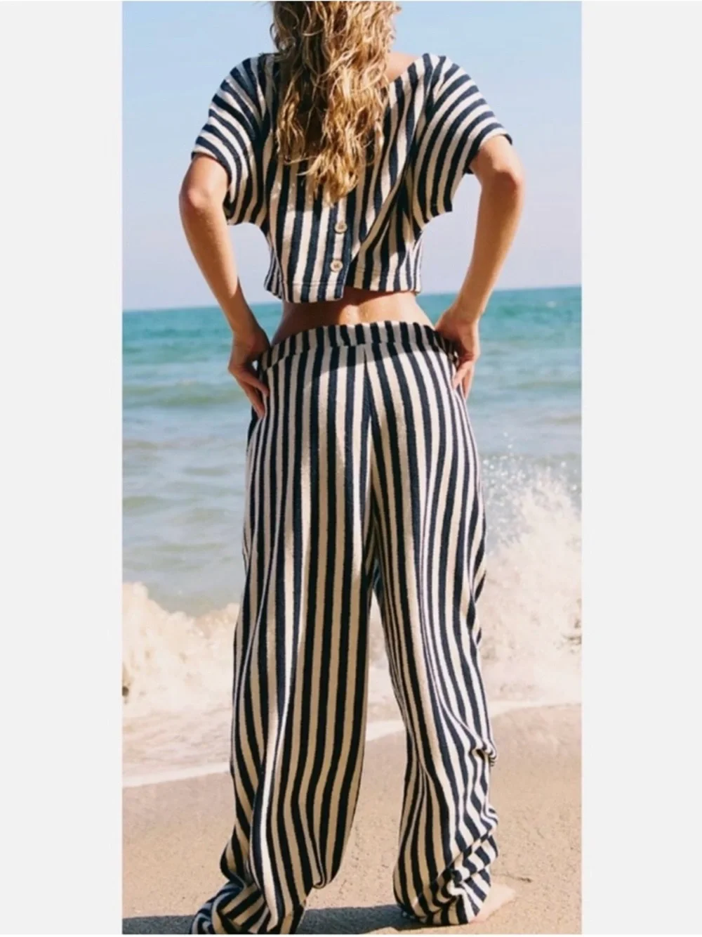 Free People Navy and Cream Striped Knit Crop Top